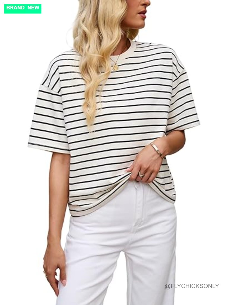 Vintage Boxy Cropped Tee Short Sleeve Striped T Shirt Loose Fit Top